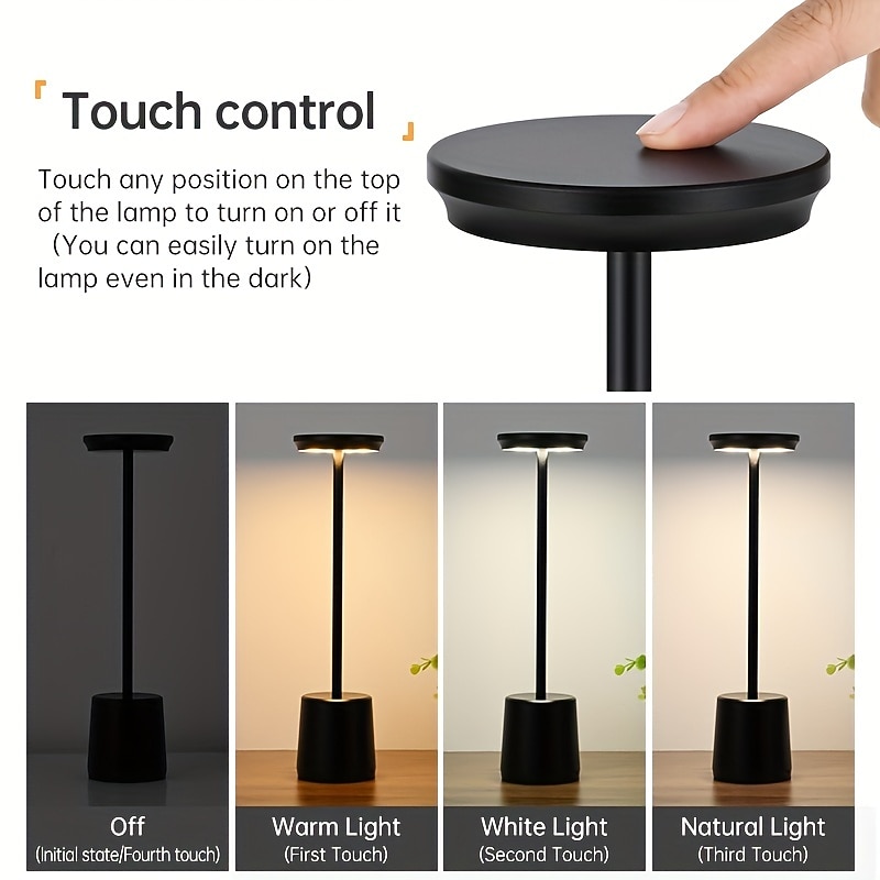 Cordless Table Lamp Rechargeable LED Touch Lamp 3 Color Stepless Dimming Table Light Desk Lamp for Restaurant Bedroom Bar Patio Indoor Outdoor4