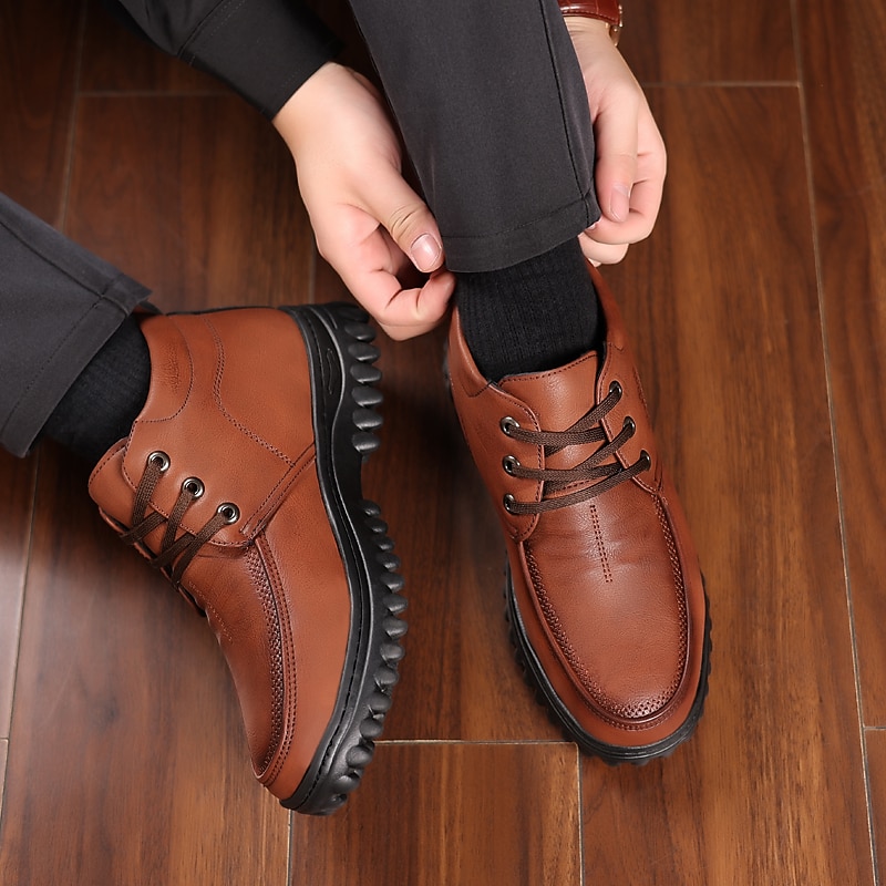 Men's Brown Faux Leather Winter Boots with Warm Plush Lining, Lace-Up Ankle Boots with Non-Slip Sole for Outdoor and Casual Wear4