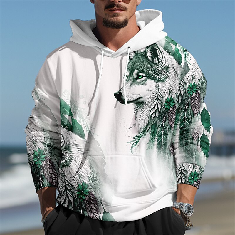 Men's Wolf Graphic Prints Hoodie Hoodies Sweatshirt Daily Classic Long Sleeve Hooded Holiday Going out Streetwear Blue Dark Green Print Spring &  Fall Designer2