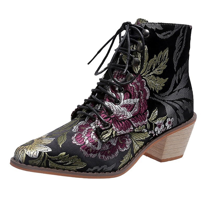 Women's Floral Embroidered Lace-Up Ankle Boots – Vintage Boho Chunky Heel Booties for Fall Winter Festival and Casual Wear4