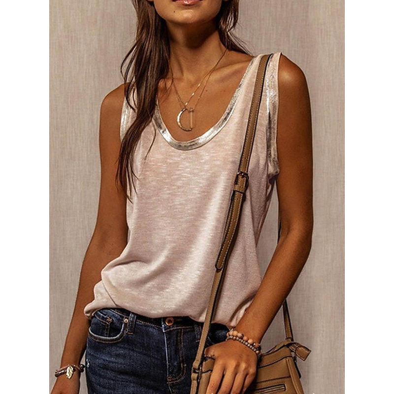 Women's Camisole Tank Top Plain Fashion Sleeveless U Neck Regular Tops Valentine's Day Casual Silver Pink Beige Summer3