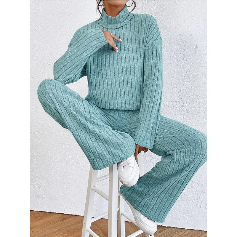 Women's Warm Neon & Bright Shirt Pants Sets Pants Trousers Long Sleeve Turtleneck Solid Color Casual Daily Black Army Green Blue Fall & Winter Regular Fit2