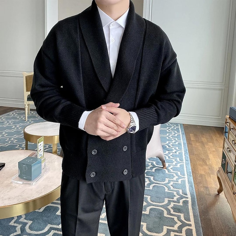 Men's Cardigan Sweater Ribbed Knit Regular Knitted Plain Shawl Collar Warm Ups Modern Contemporary Daily Wear Going out Clothing Apparel Fall & Winter Black White M L XL3