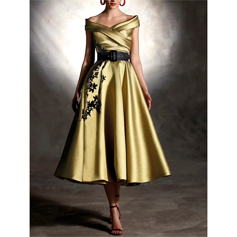 A-Line Gold Cocktail Dresses Elegant Dress Formal Wedding Guest Tea Length Sleeveless Off Shoulder Satin with Pleats Appliques Dresses2