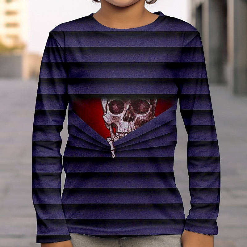 Boys 3D Skull Optical Illusion T shirt Tee Long Sleeve 3D Print Fall Winter Sports Fashion Streetwear Kids 3-12 Years Outdoor Halloween Regular Fit2