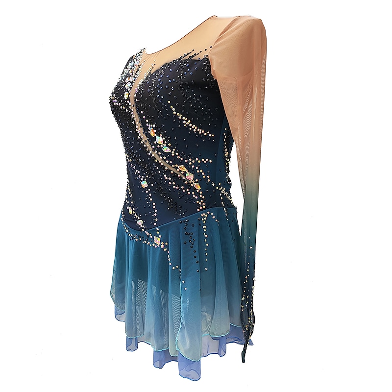 Figure Skating Dress Women's Girls' Ice Skating Dress Dark Blue Thumbhole Halo Dyeing High Elasticity Professional Competition Skating Wear Thermal Warm Crystal / Rhinestone Long Sleeve Ice Skating3