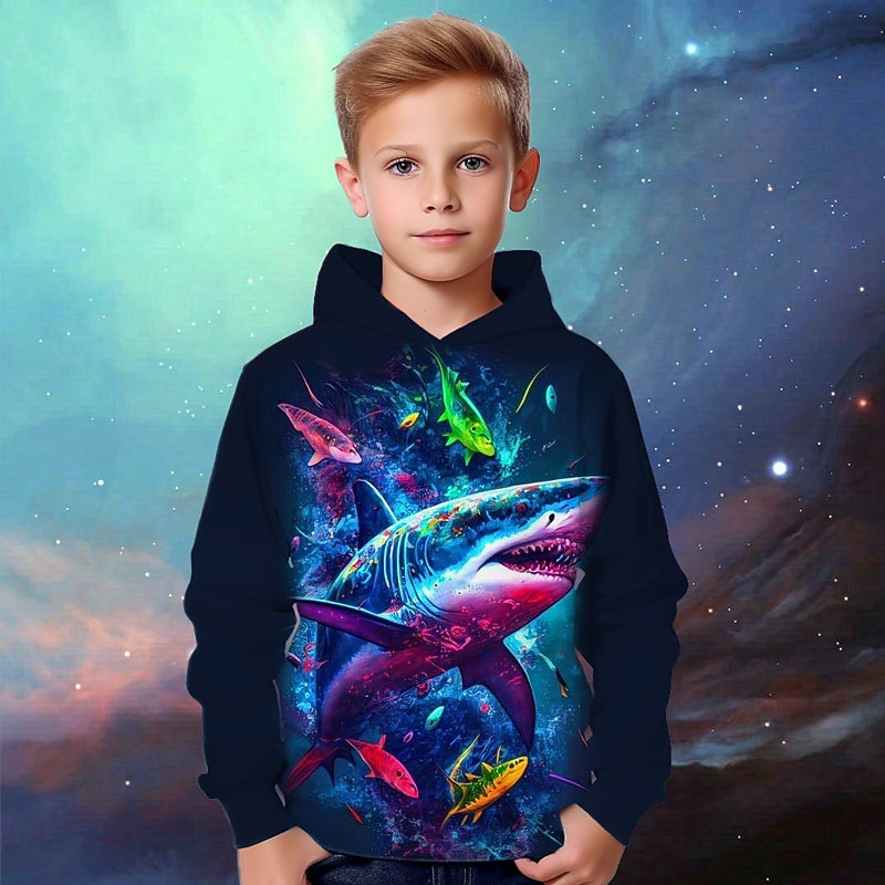 Boys 3D Animal Shark Hoodie Pullover Long Sleeve 3D Print Fall Winter Fashion Streetwear Cool Kids 3-12 Years Outdoor Casual Daily Regular Fit3