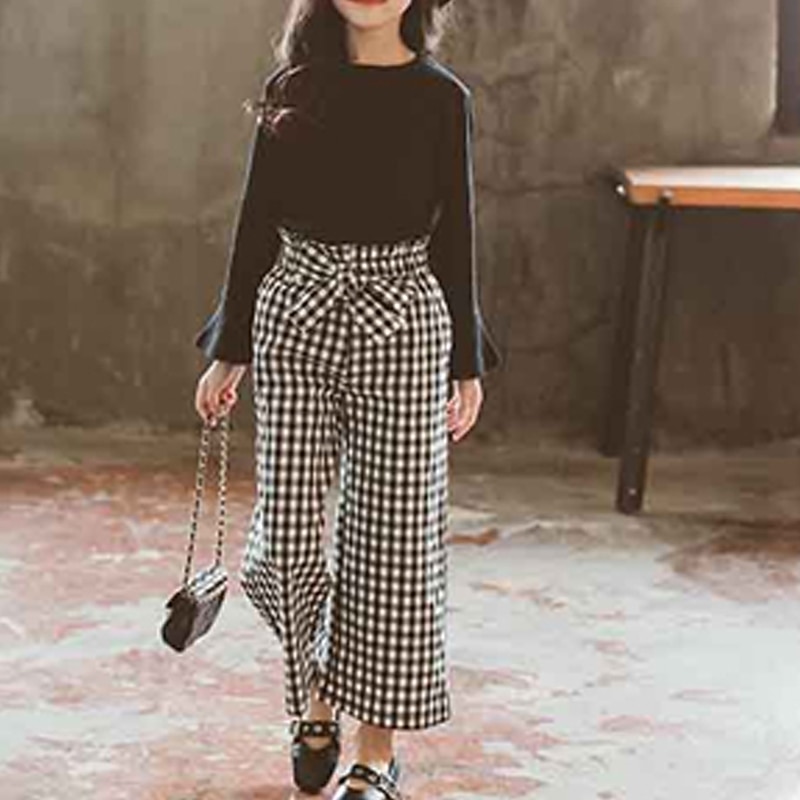 2 Pieces Kids Girls' Plaid Pants Suit Set Long Sleeve Fashion Outdoor 7-13 Years Fall Black4