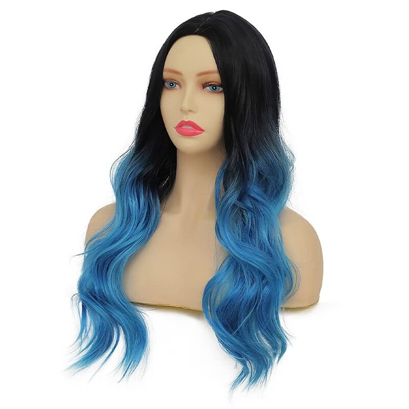 Long Curly Ombre Blue Wavy Wigs for Women Synthetic Hair Wigs Dark Roots Hair Cosplay Halloween Party Daily for Women Full Wig4