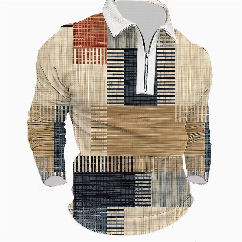 Men's Striped Graphic Prints Geometry Waffle Polo Shirts Polo Shirts Lapel Polo Zip Polo Golf Shirt Long Sleeve Shirt Turndown Outdoor Street Blue Green Khaki Gray Zipper Print Clothing Apparel