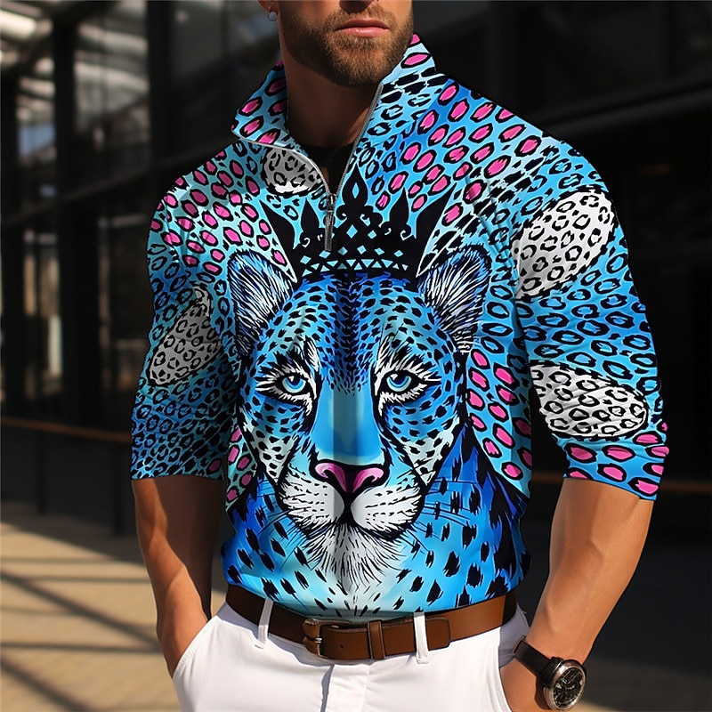 Men's Animal Leopard Long Sleeve Polo Shirts Zip Casual Outdoor Casual Daily Streetwear 3D Print Fall & Winter Yellow Dark Pink Blue3