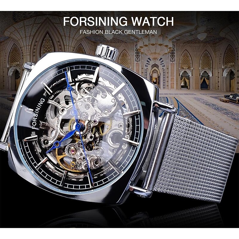 FORSINING Men Mechanical Watch Large Dial Fashion Business Wristwatch Hollow Skeleton Automatic Self-winding Luminous Waterproof Alloy Leather Watch