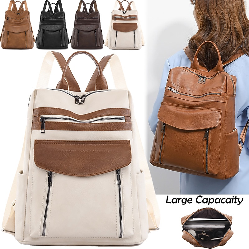 Women's Brown Faux Leather Backpack – Vintage Style Travel Daypack with Multiple Zipper Pockets for School, Work, and Casual Outings