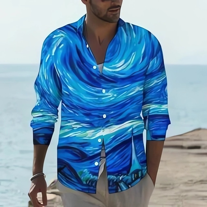 Men's Rainbow Geometric Pattern Shirt Button Up Shirt Long Sleeve Fashion Streetwear Designer Casual Daily Going out Fall & Winter Turndown Print Pink Rainbow Blue+Blue Light Blue4