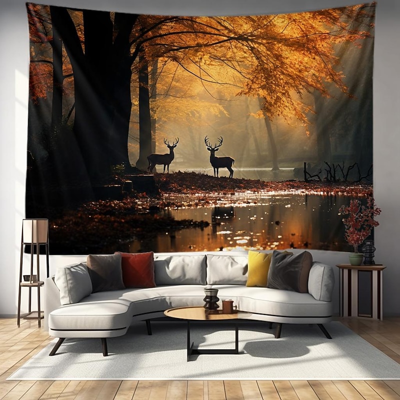Fall Forest Hanging Tapestry Deer Wall Art Large Tapestry Mural Decor Photograph Backdrop Blanket Curtain Home Bedroom Living Room Decoration3