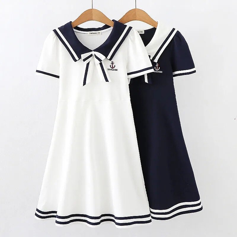 Kids Girls' Dress Stripe Letter Short Sleeve School Outdoor Casual Embroidered Fashion Daily Basic Cotton Knee-length Casual Dress A Line Dress Summer Dress Summer Spring 3-13 Years White Navy Blue2