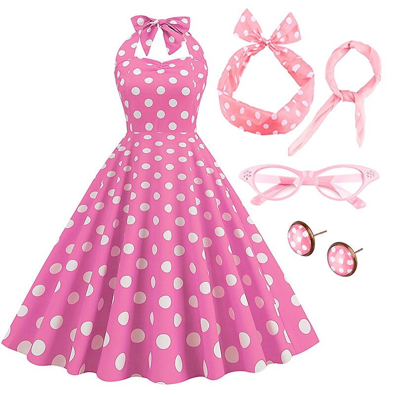 Women's A-Line Rockabilly Dress Polka Dots Halter Swing Dress Flare Dress with Accessories Set 1950s 60s Retro Vintage with Headband Scarf Earrings Cat Eye Glasses 5PCS For Vintage Swing Party Dress2