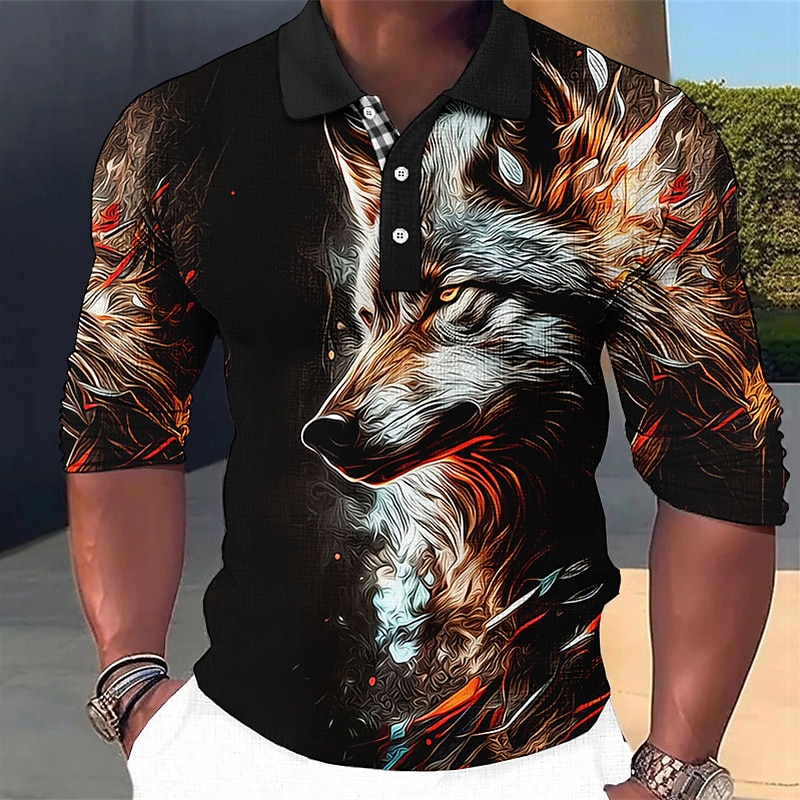 Men's Wolf Polo Shirts Golf Shirt Long Sleeve Polo Shirts Collared Shirts Casual Funny Vacation Wear Party Outfits 3D Print Buttons Fall & Winter Red Blue Green