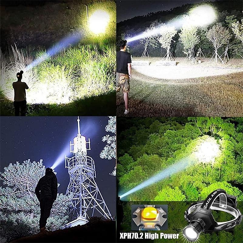 LED Rechargeable Headlamp 3000/6000/90000 High Lumen, XPH70 Brightest LED Work Headlight Zoomable, Waterproof, 90° Adjustable, 5 Modes Lightweight Head Lamp for Adult Camping,  ,explore，Riding2