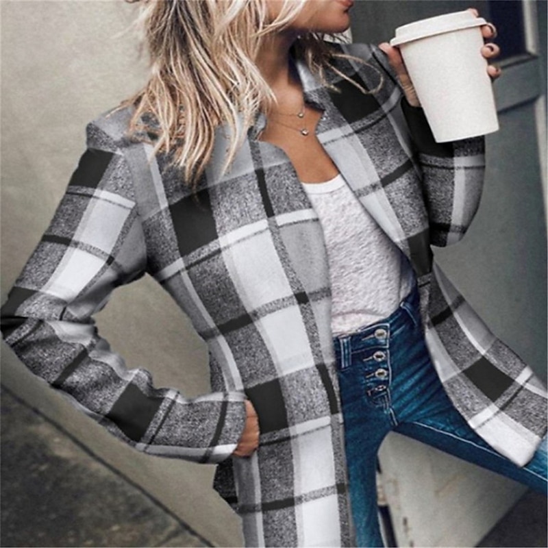 Women's Blazer Formal Pocket Plaid Windproof Streetwear Regular Fit Outerwear Long Sleeve Fall Black S3