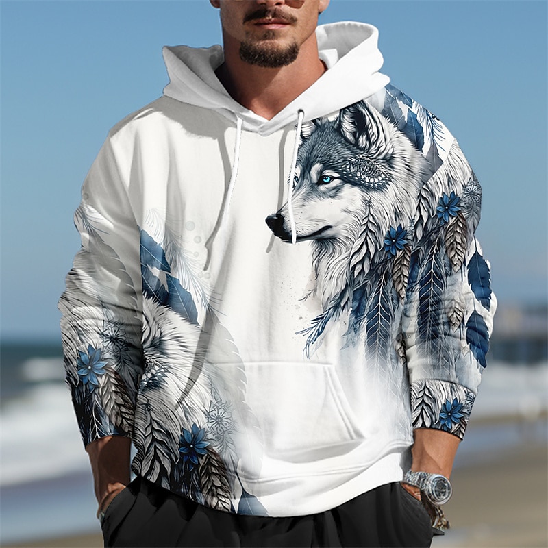 Men's Wolf Graphic Prints Hoodie Hoodies Sweatshirt Daily Classic Long Sleeve Hooded Holiday Going out Streetwear Blue Dark Green Print Spring &  Fall Designer