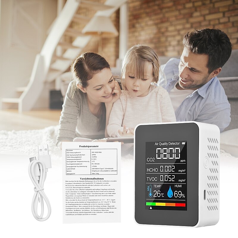 Multifunctional 5in1 CO2 Meter Digital Temperature Humidity Tester Carbon Dioxide TVOC HCHO Detector Air Quality Monitor2