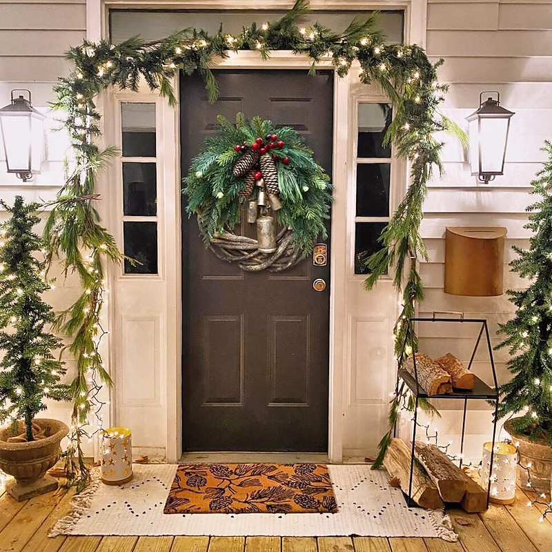 Christmas Wreath Boho Wreath, 17.7'' Artificial Golden Bell Wreath, Xmas Tree Front Door Hanging Garland, Handmade Pine Ring Grapevine Wreath, Celebration Xmas Decor3