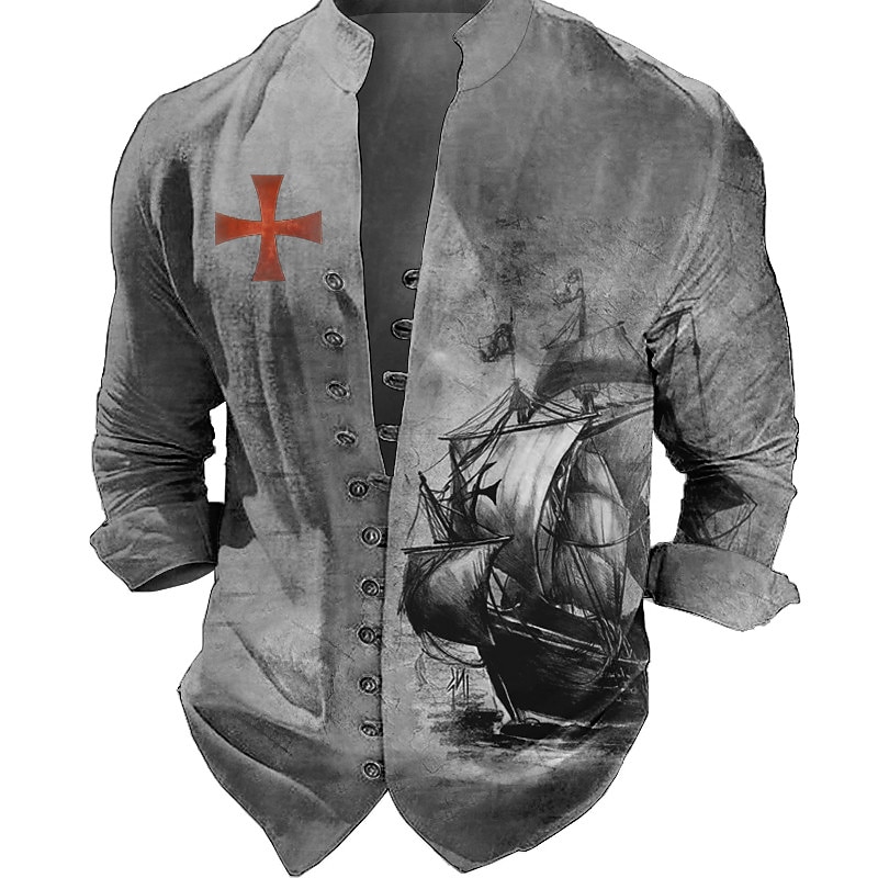 Men's Nautical Vintage Sailboat Shirt Button Up Shirt Long Sleeve Fashion Streetwear Designer Outdoor Casual Daily Summer Spring Fall Stand Collar Print Blue Brown Green Gray4