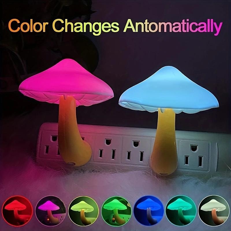 3 packs Cute Mushroom Night Light with Dusk to Dawn Sensor - 7 Color LED Plug-in Lamp for Kids' Room and Nursery