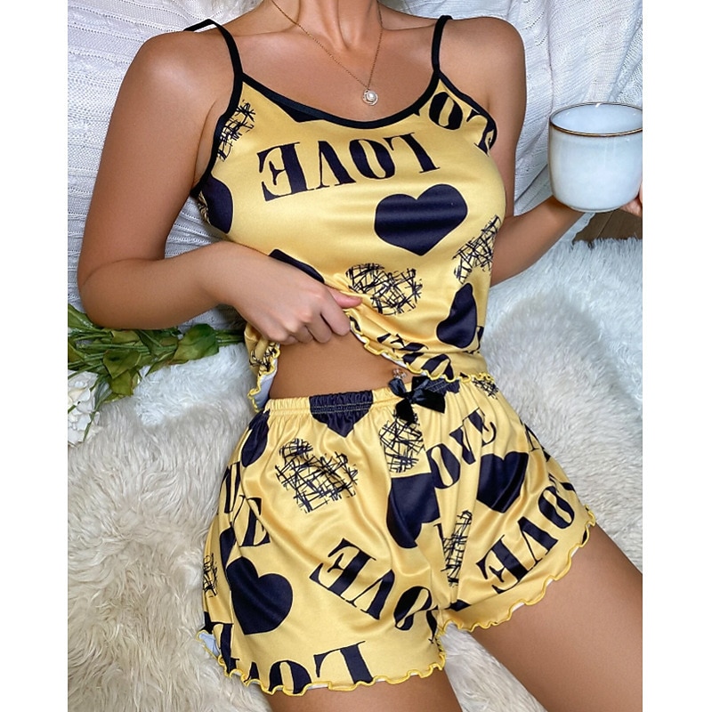 Women'S Sexy Camisole Pajama Print Alphabet Homewear Set Home Outfits4