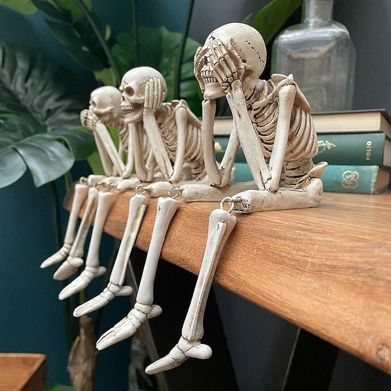 Halloween Skull Statues, Resin Skeleton Shelf Sitters, Sitting Figurines for Home Bookshelf and Table Edge, Decorative Crafts Ornaments for Skeleton Lovers2