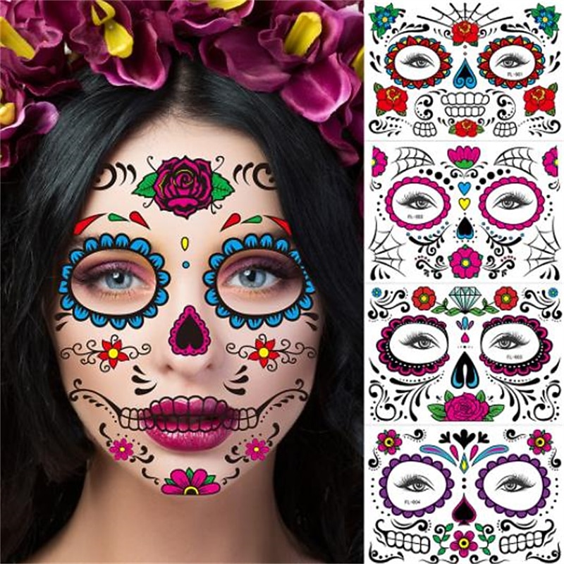Halloween Day of The Dead Face Tattoo Stickers, Sugar Skull Temporary Face Tattoos for Dia de los Muertos Makeup, Funny Scary Face Decoration for Party