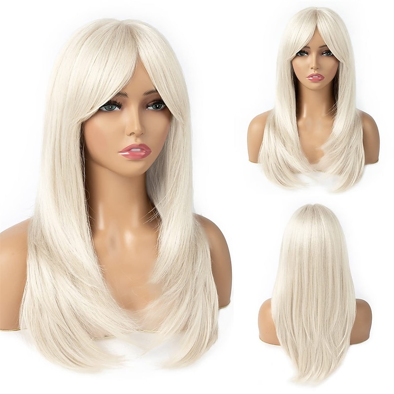 Platinum Blonde Wigs for Women Layered Wig With Bangs 22 Inch Shoulder Length wig Natural Looking Synthetic Hair Wig for Daily Party Use