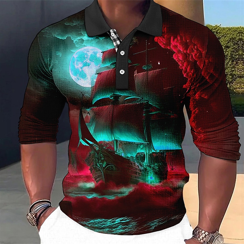 Men's Haunted Pirate Ship Polo Shirts Golf Shirt Long Sleeve Polo Shirts Collared Shirts Vintage Casual Vacation Wear Boat Wear Party Outfits 3D Print Buttons Red Royal Blue Blue3