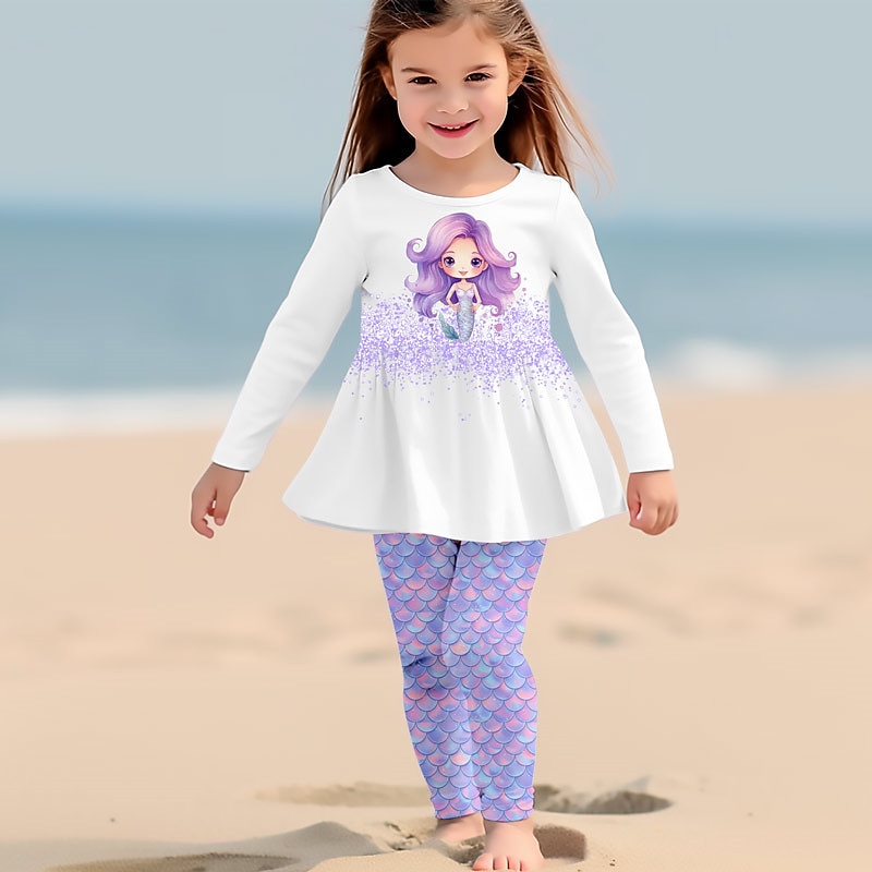 Girls' 3D Graphic Cartoon Mermaid T-shirt & Pants Dress Set Clothing Set Long Sleeve 3D Print Summer Fall Winter Active Fashion Daily Polyester Kids 3-12 Years Outdoor Date Vacation Regular Fit2