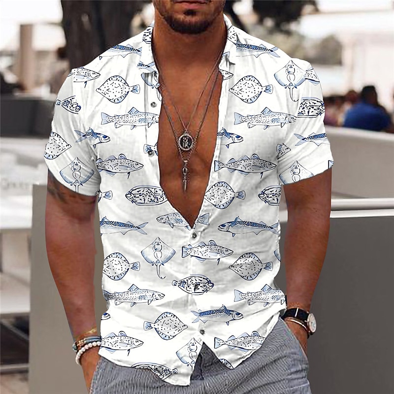 Men's Tropical Fish Graffiti Shirt Summer Hawaiian Shirt Aloha Shirt Short Sleeves Shirt Turndown Fashion Designer Casual Outdoor Street Casual Blue Gray S M L