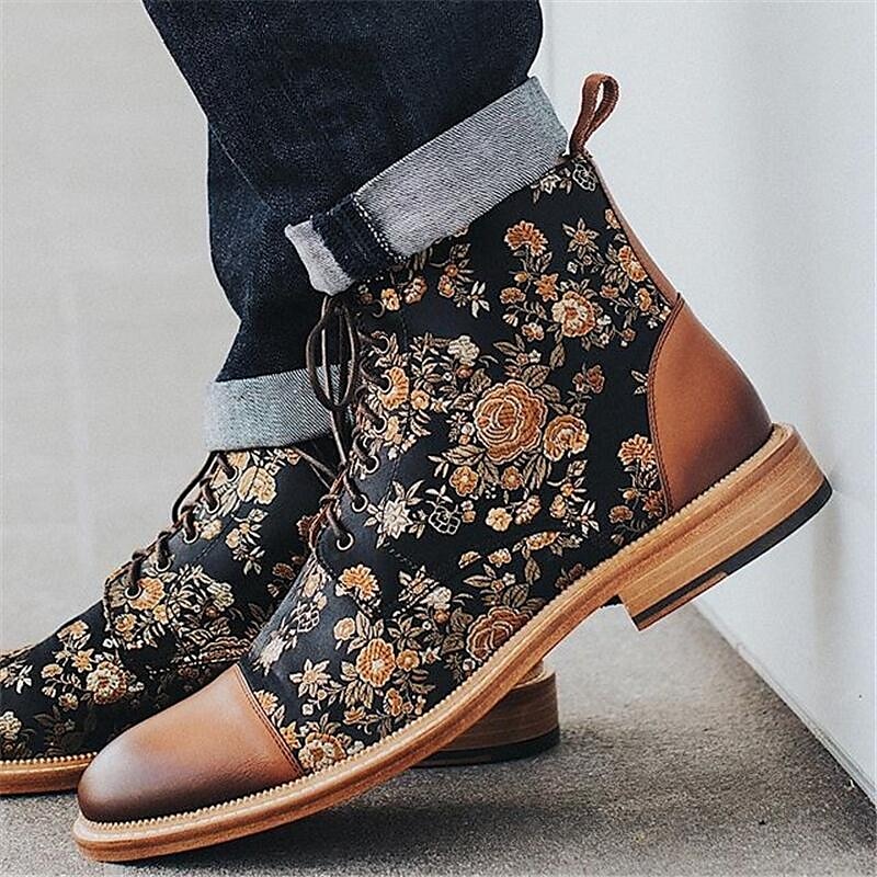 Men's Floral Jacquard and Brown Faux Leather Lace-Up Boots - Vintage Oxford Ankle Boots with Retro Style for Casual and Formal Wear2