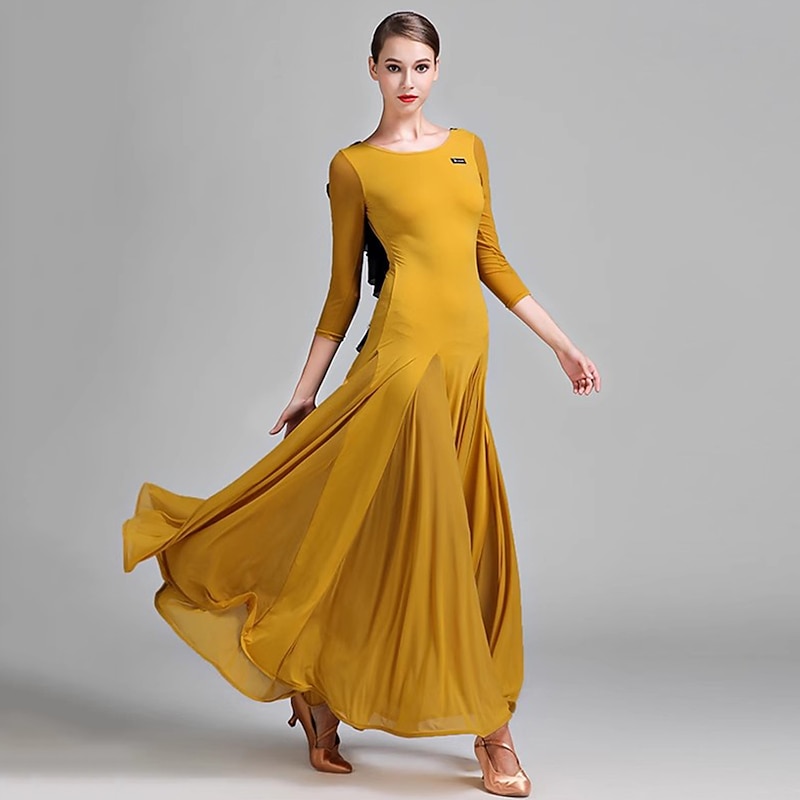 Ballroom Dance Dress Pure Color Women's Performance Party Long Sleeve Milk Fiber3