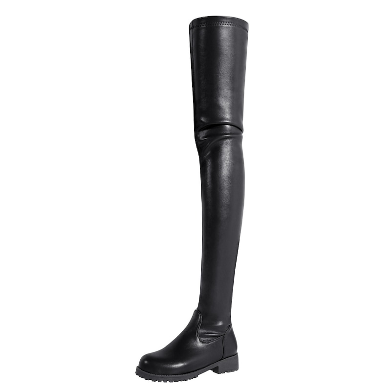 Women's Black Over-the-Knee Faux Leather Boots with Low Heel – Stylish Zip-Up Thigh High Boots for Fall and Winter Streetwear or Night Out3