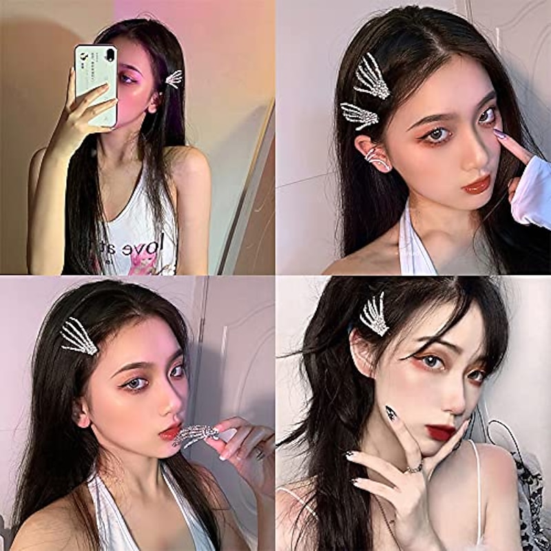 Hair Barrettes Halloween Hair Accessories for Women Girls Silver Skeleton Hand Hair Clips Punk Horror Bone Hair Clip Barrettes for Party Cosplay 2pcs3