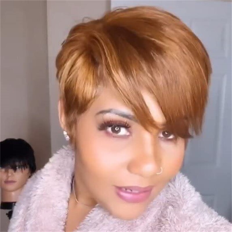 Short Pixie Cut Wigs with Mixed Blonde Brown Bangs Synthetic Mixed Brown Wigs for Black Women Short Pixie Wigs for Women Halloween Cosplay Party Wigs3