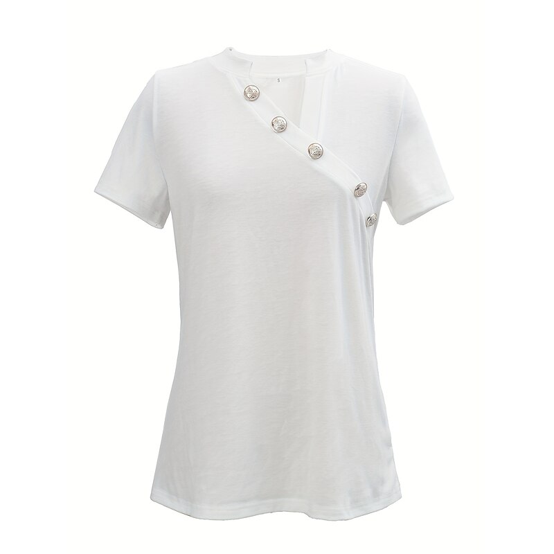 Women's T Shirt Dressy Tops Solid Color Stylish Casual Short Sleeve Asymmetric Neck Regular Tops Daily Buttons Black White Pink Green Gray Summer2