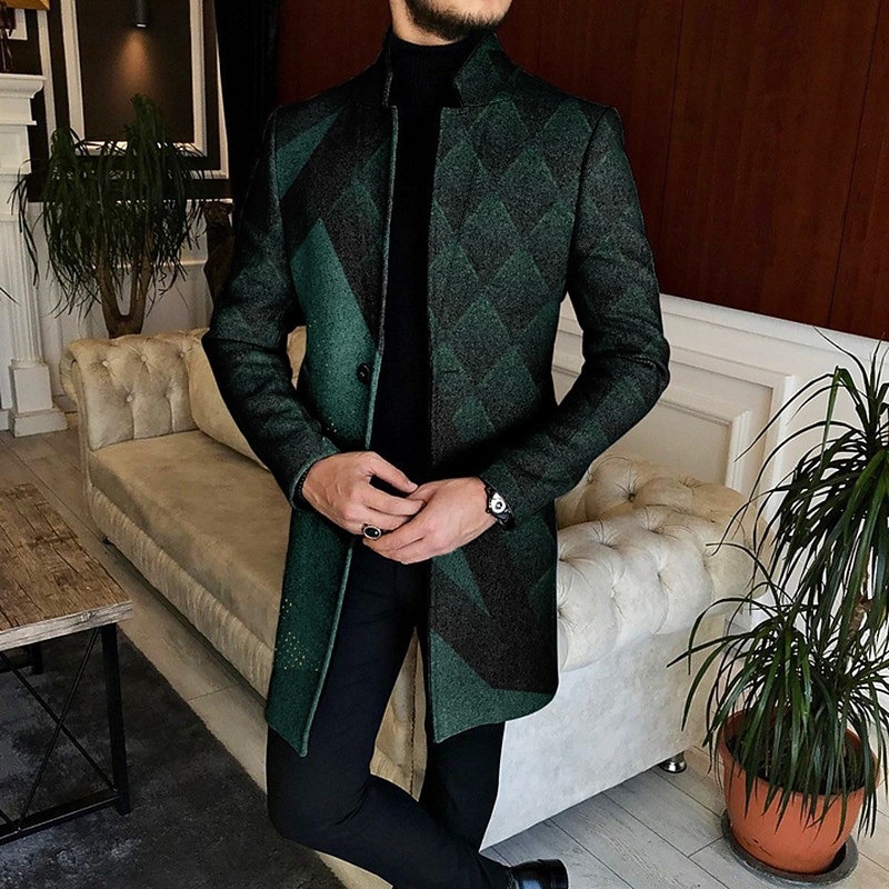 Men's Stripe Geometry Winter Coat Overcoat Coat Warm Comfortable Breathable Fashion Streetwear Business Work Wear to work Going out Pocket Print Fall & Winter Turndown Long Sleeve Black Blue Green3