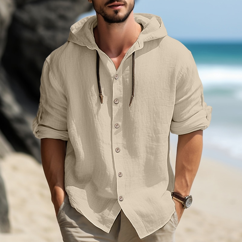 Men's Shirt Linen Shirt Calico Shirt Hooded Shirt Plain Vacation Casual Black White Blue Green Long Sleeve Hooded Spring & Summer Clothing Apparel Buttons3