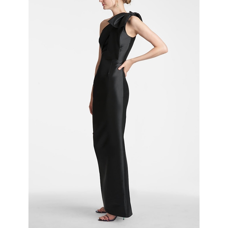 Mermaid Evening Gown Elegant Dress Formal Wedding Guest Ankle Length Sleeveless One Shoulder Satin with Bow(s) Slit Masquerade Dress3