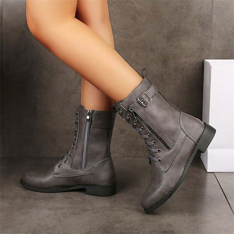 Women's Black Combat Boots with Lace-Up and Side Zipper, Military-Inspired Mid-Calf Boots for Casual Streetwear, Outdoor Walking and Motorcycle Riding3
