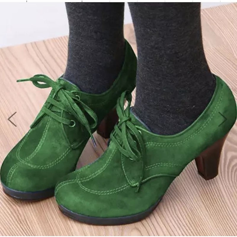 Women's Blue and Green Suede Lace-Up Heeled Oxford Shoes - Vintage-Inspired Platform Ankle Boots for Casual and Dressy Outfits2
