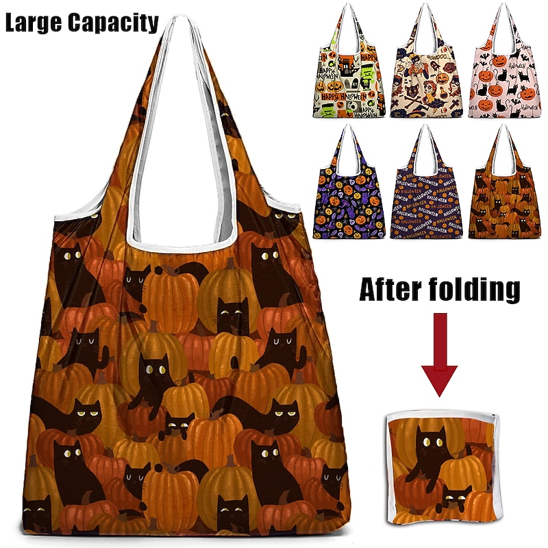 Large Capacity Foldable Halloween Tote Bag - Reusable Shopping Bag with Black Cat and Pumpkin Designs