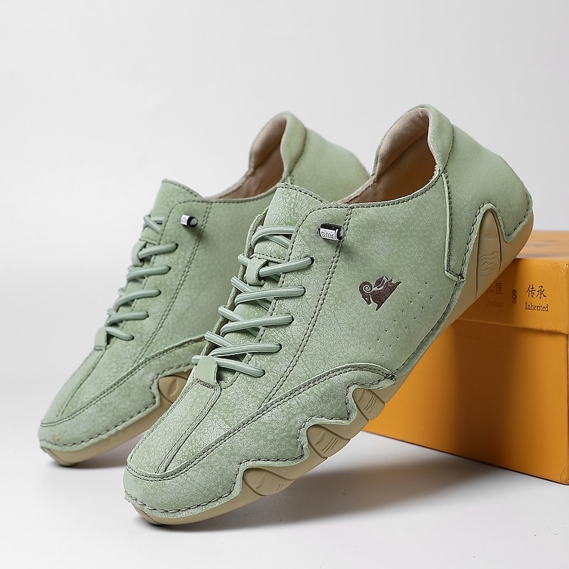Men's Green Casual Lace-Up Faux Leather Sneakers with Hand-Sewn Sole – Lightweight and Comfortable Walking Shoes for Everyday Wear2