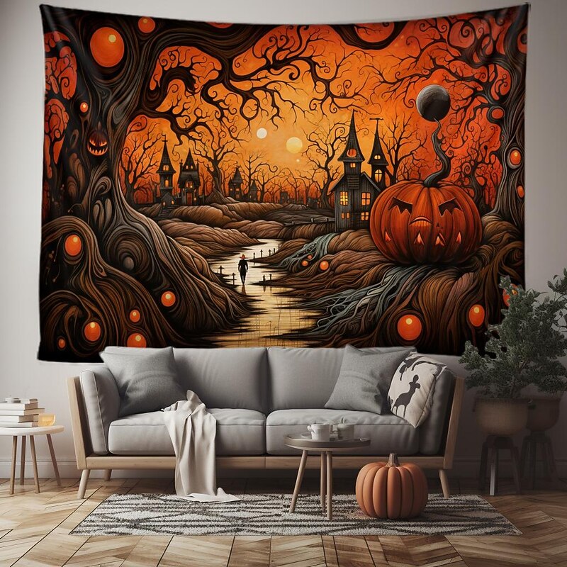 Halloween Decorations Tapestry Jack O Lantern Pumpkin Decor Wall Art Large Hanging Tapestry Mural Decor Photograph Backdrop Blanket Curtain Home Bedroom Living Room Skeleton Death2
